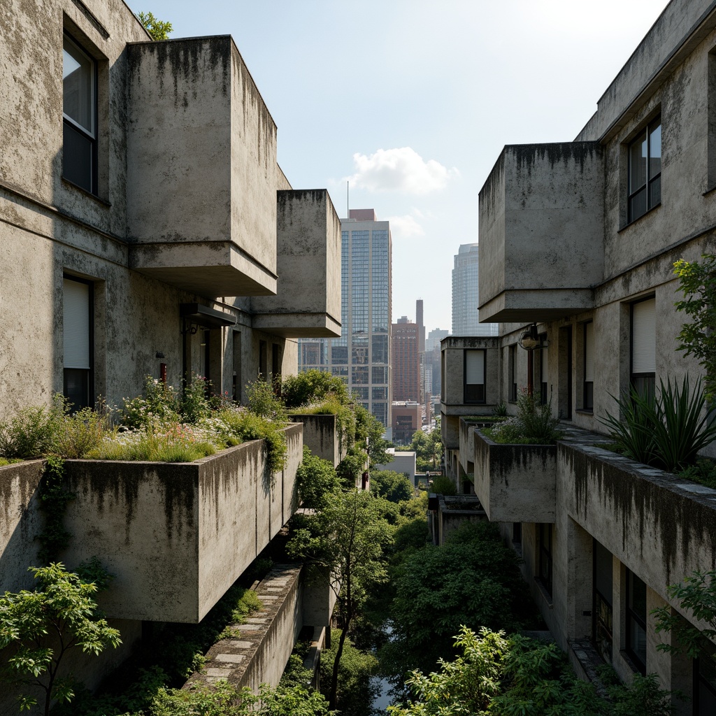 Prompt: Rugged brutalist buildings, raw concrete textures, fortress-like structures, overgrown vegetation, wildflowers, moss-covered walls, weathered steel beams, industrial materials, urban landscape integration, cityscape views, elevated walkways, cantilevered sections, dramatic shadows, harsh natural light, 1/1 composition, symmetrical framing, high-contrast lighting, gritty realistic textures, ambient occlusion.