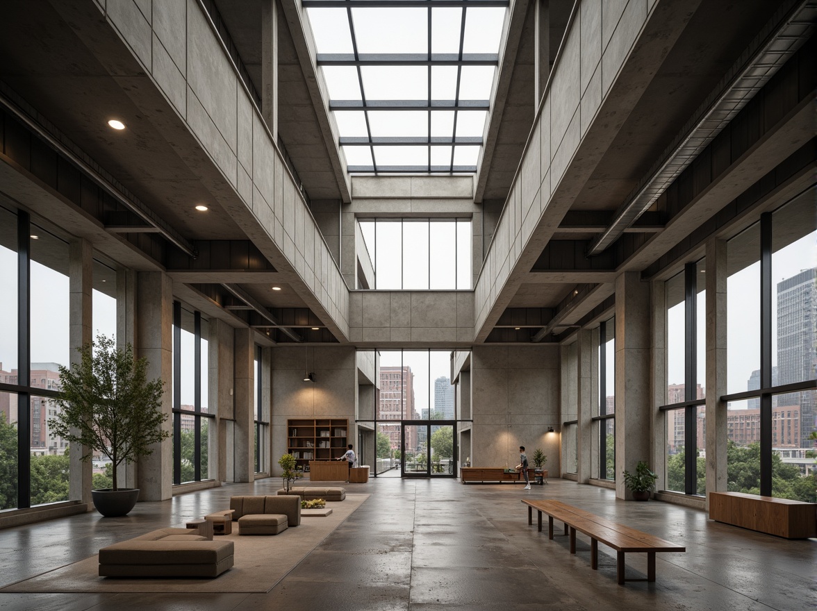 Prompt: Rugged community center, brutalist architecture, raw concrete walls, exposed ductwork, industrial metal beams, natural light pouring in, large skylights, clerestory windows, urban landscape views, gritty cityscape, overcast sky, soft diffused lighting, high contrast shadows, dramatic architectural angles, bold structural elements, minimalist interior design, functional simplicity, communal gathering spaces, reclaimed wood accents, earthy color palette, organic textures, 3/4 composition, cinematic framing, realistic render.