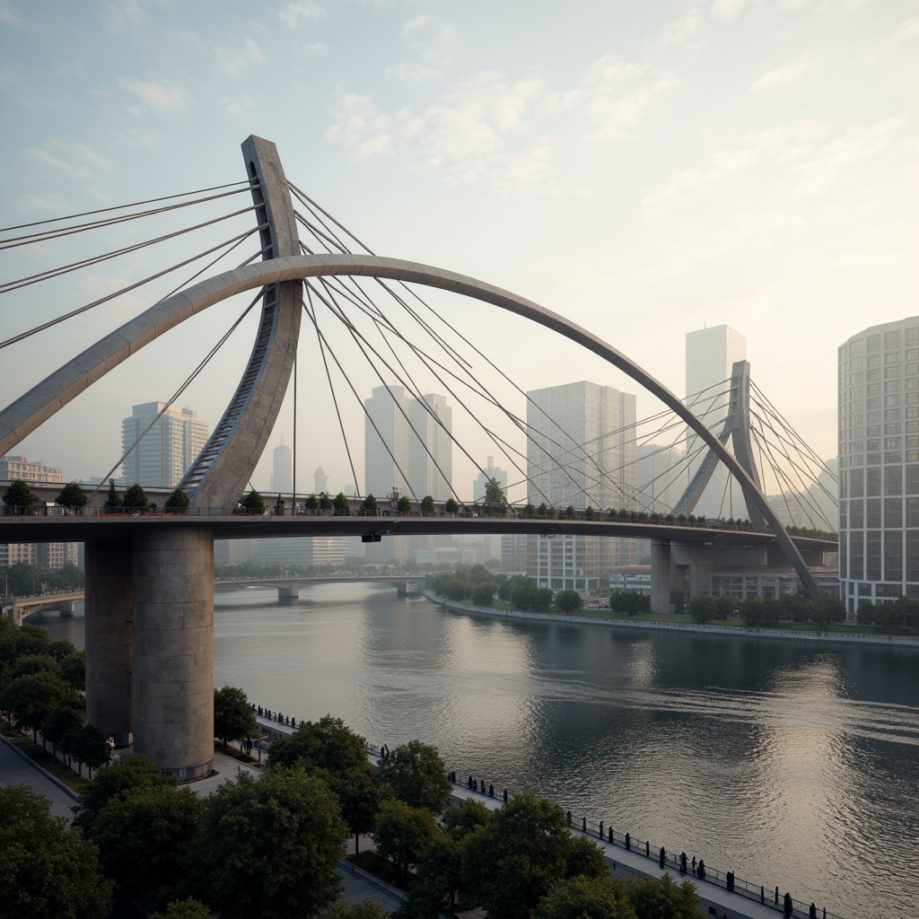 Prompt: Futuristic bridge, sleek metal arches, suspension cables, modern fusion architecture, dynamic curves, cantilevered sections, urban cityscape, misty morning atmosphere, soft warm lighting, shallow depth of field, 3/4 composition, panoramic view, realistic textures, ambient occlusion, steel beams, reinforced concrete pillars, innovative materials, sustainable construction methods, pedestrian walkways, scenic viewpoints, water reflections, rippling waves, surrounding skyscrapers.