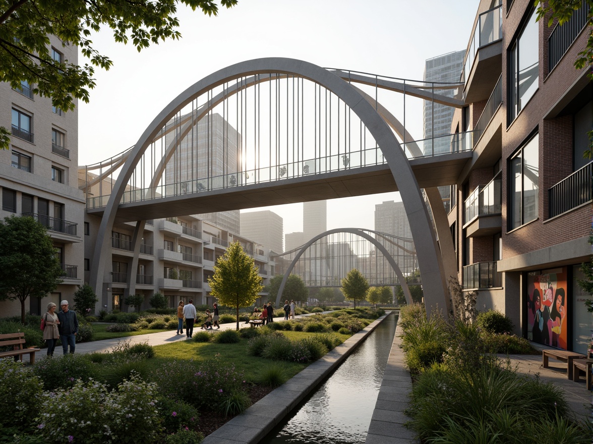 Prompt: Curved bridge silhouette, lush greenery integration, natural stone foundations, steel arches, suspension cables, urban cityscape, misty morning atmosphere, soft warm lighting, shallow depth of field, 3/4 composition, panoramic view, realistic textures, ambient occlusion, fusion architecture style, modern minimalist design, sleek metal railings, glass pedestrian walkways, vibrant colorful street art, intricate geometric patterns, water features, reflection pools, urban furniture, dynamic city life.