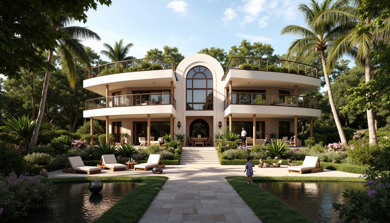 Prompt: Luxurious villa, Art Deco style, ornate facades, curved lines, geometric patterns, lavish gardens, lush greenery, vibrant flowers, tranquil ponds, walking paths, decorative fountains, elegant outdoor furniture, plush cushions, metallic accents, warm lighting, soft shadows, 1/1 composition, symmetrical framing, cinematic atmosphere, realistic textures, ambient occlusion.