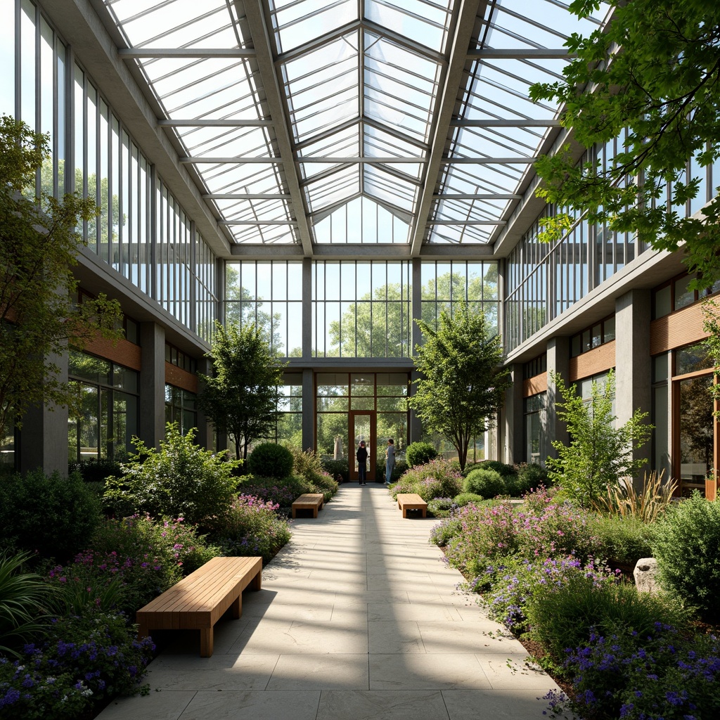 Prompt: Elegant greenhouse, lush greenery, abundant natural light, clerestory windows, skylights, transparent roof panels, steel frames, minimalist architecture, modern academic style, vibrant flowers, educational signs, wooden benches, stone pathways, warm atmosphere, soft diffused lighting, shallow depth of field, 1/1 composition, realistic textures, ambient occlusion.