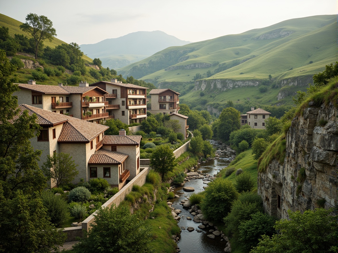 Prompt: Rustic village, rolling hills, lush greenery, meandering streams, traditional vernacular architecture, earthy tones, natural stone walls, wooden accents, curved lines, organic forms, blending with surroundings, seamless integration, harmonious coexistence, soft warm lighting, misty atmosphere, shallow depth of field, 1/1 composition, realistic textures, ambient occlusion.