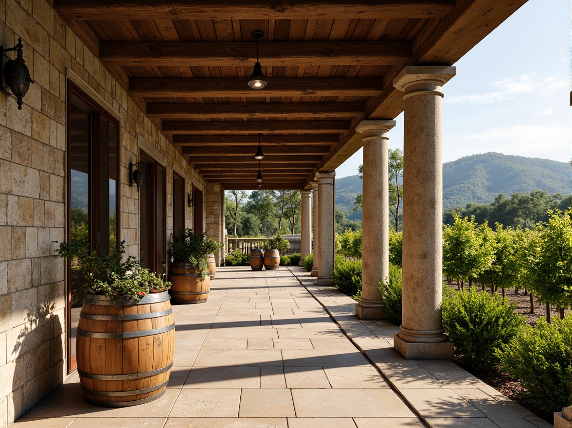 Prompt: Rustic winery facade, stone walls, wooden accents, vineyard surroundings, rolling hills, lush greenery, academic architectural style, classical columns, ornate details, earthy color palette, natural stone flooring, wooden barrels, wine-making equipment, large windows, glass doors, soft warm lighting, shallow depth of field, 3/4 composition, panoramic view, realistic textures, ambient occlusion.