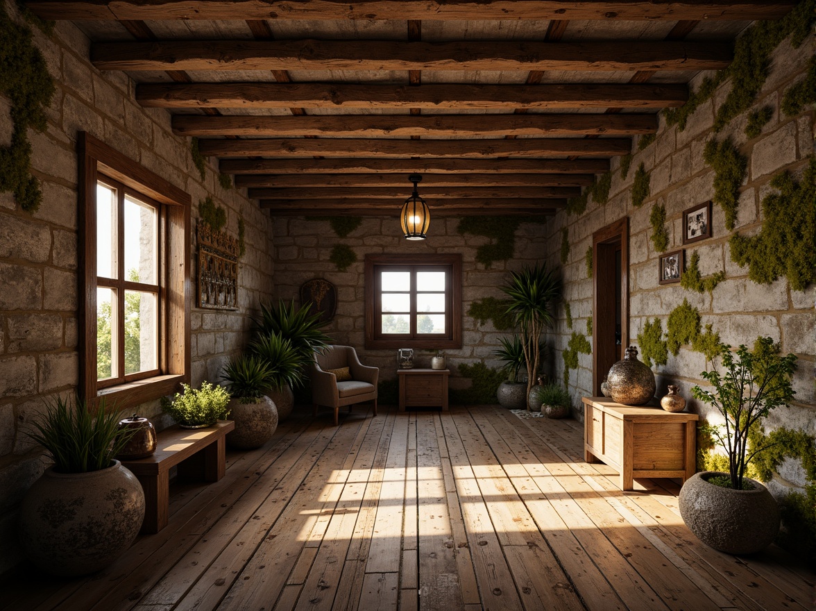 Prompt: Rustic wooden planks, distressed finishes, earthy tones, natural stone walls, moss-covered surfaces, weathered metal accents, vintage-inspired decorations, ornate carvings, intricate patterns, warm golden lighting, shallow depth of field, 1/1 composition, realistic textures, ambient occlusion.