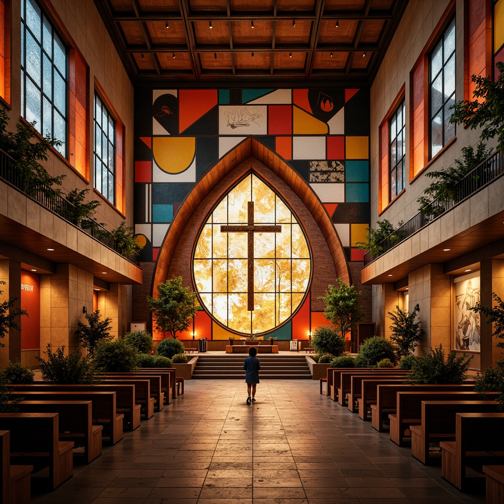 Prompt: Vibrant constructivist church, geometric shapes, bold lines, abstract forms, dynamic volumes, rich textures, industrial materials, exposed brick, metal beams, stained glass windows, intricate mosaics, warm golden lighting, dramatic shadows, atmospheric ambiance, 1/1 composition, symmetrical framing, high contrast colors, bold typography, sacred symbols, ornate details, luxurious fabrics, spiritual atmosphere, peaceful ambiance.