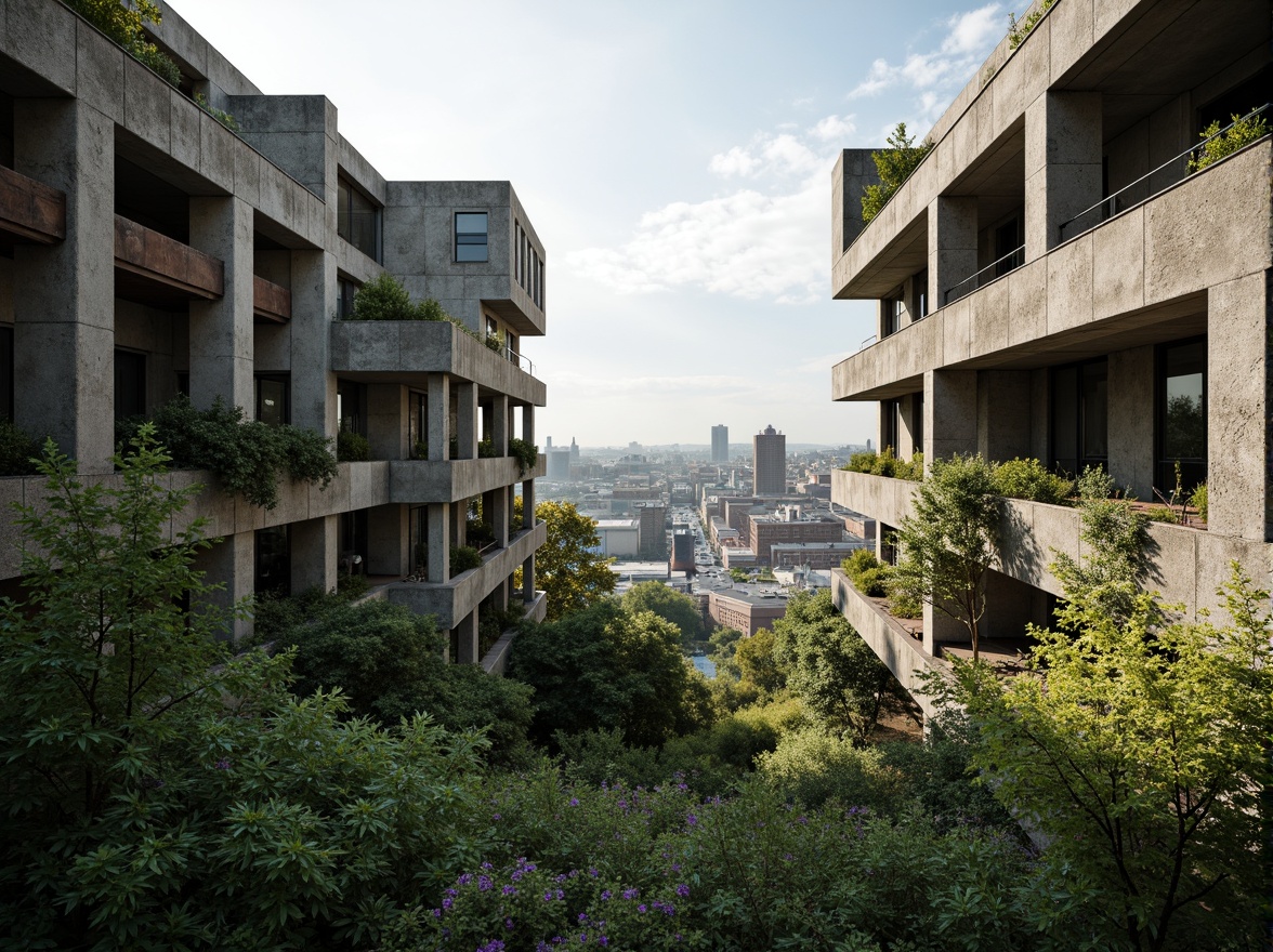 Prompt: Rugged brutalist buildings, raw concrete textures, fortress-like structures, overgrown vegetation, wildflowers, moss-covered walls, weathered steel beams, industrial materials, urban landscape integration, cityscape views, elevated walkways, cantilevered sections, dramatic shadows, harsh natural light, 1/1 composition, symmetrical framing, high-contrast colors, gritty realistic textures, ambient occlusion.