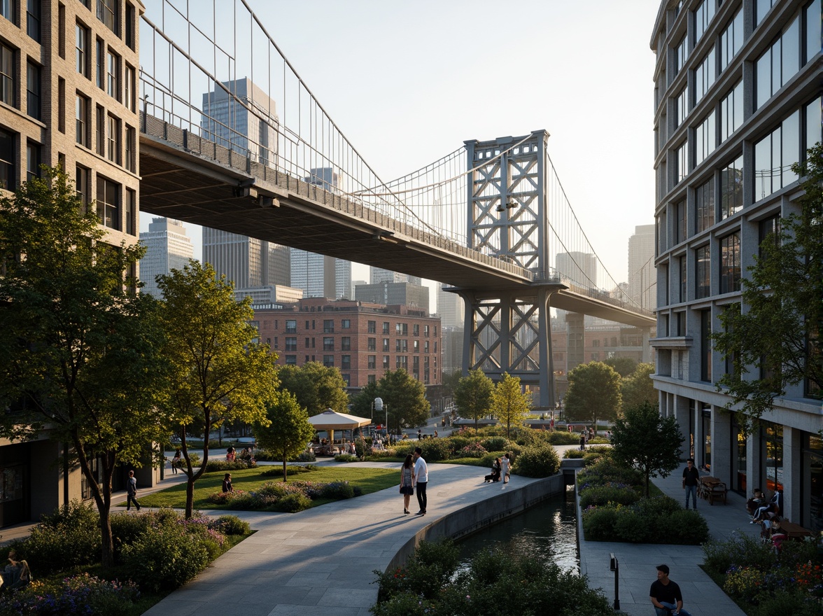 Prompt: Curved bridge silhouette, lush greenery integration, natural stone foundations, steel arches, suspension cables, urban cityscape, misty morning atmosphere, soft warm lighting, shallow depth of field, 3/4 composition, panoramic view, realistic textures, ambient occlusion, fusion architecture style, modern minimalist design, sleek metal railings, glass pedestrian walkways, vibrant colorful street art, intricate geometric patterns, water features, reflection pools, urban furniture, dynamic city life.