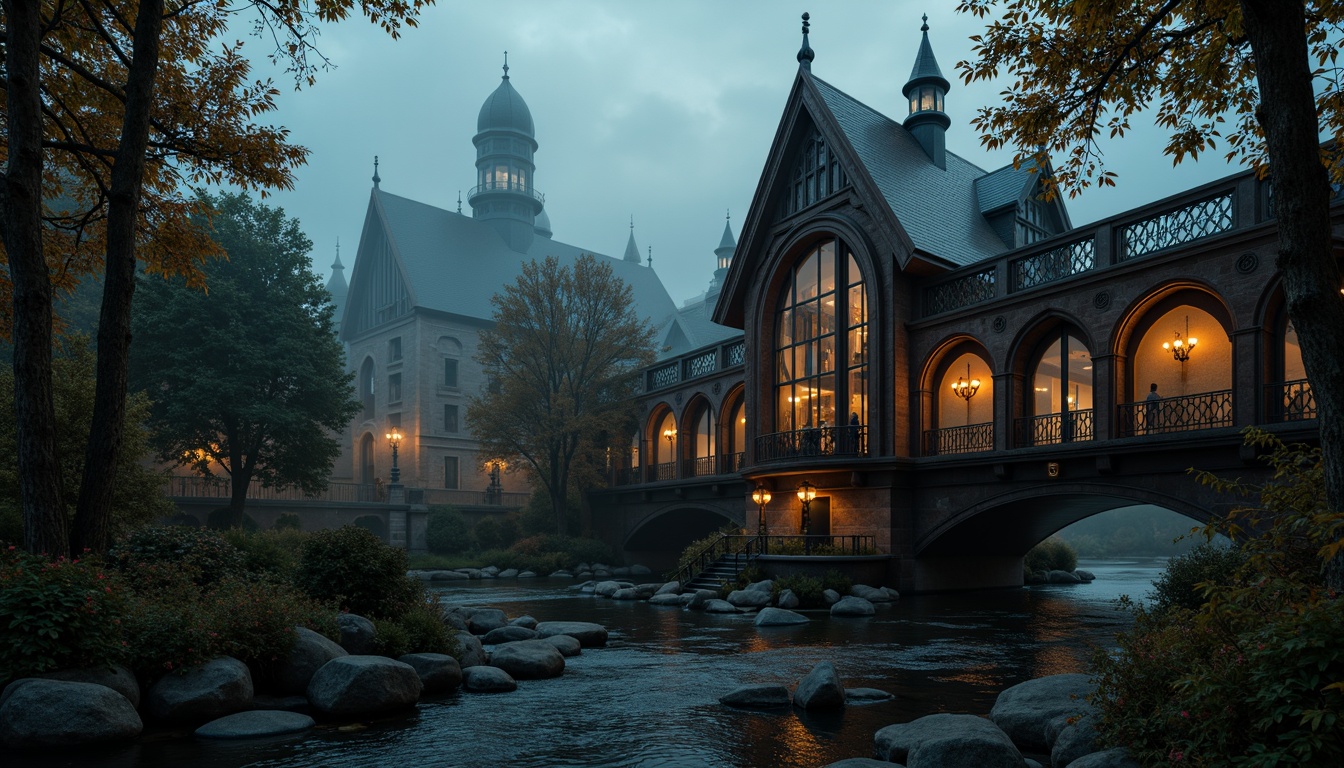 Prompt: Mysterious Gothic bridge, dark stone arches, ornate ironwork, misty foggy atmosphere, eerie twilight, warm golden lighting, rich brown wood accents, intricate carvings, pointed towers, grandiose architecture, weathered copper details, moss-covered stonework, mystical forest surroundings, serene river flowing beneath, soft focus, shallow depth of field, 1/2 composition, cinematic mood, dramatic shadows.