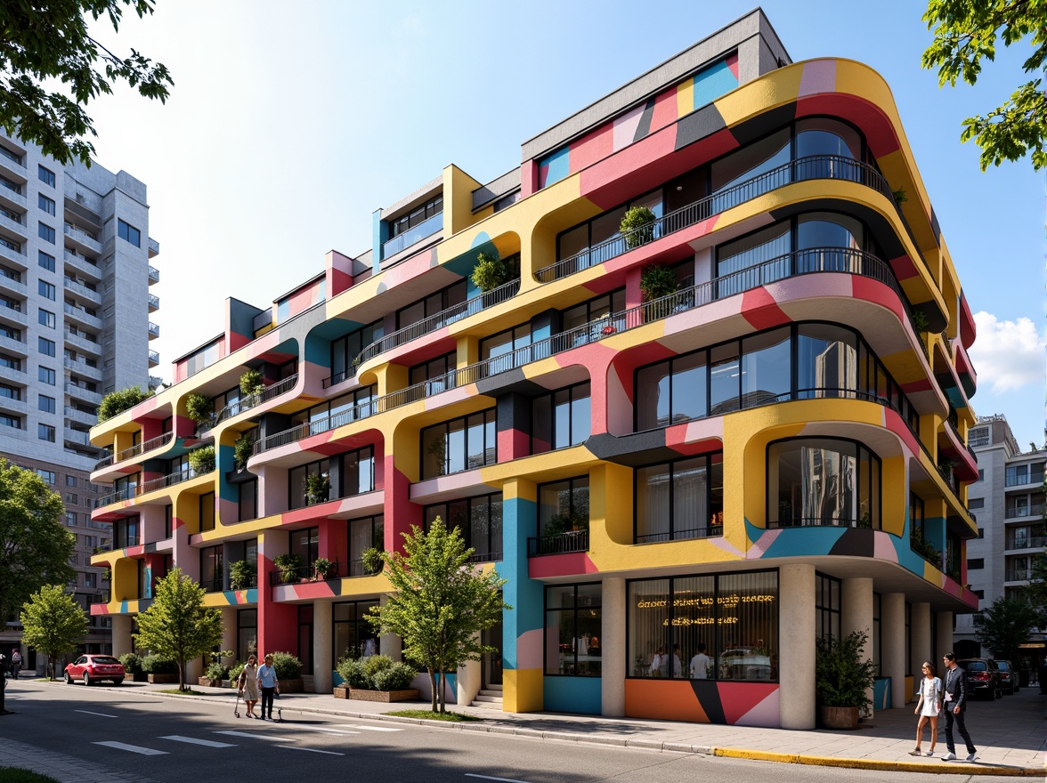 Prompt: Vibrant school building, undulating facade, irregular shapes, bold color blocking, dynamic patterns, expressive textures, abstract murals, oversized windows, cantilevered roofs, playful staircases, winding corridors, futuristic lighting fixtures, neon accents, urban cityscape, morning sunlight, shallow depth of field, 1/1 composition, wide-angle lens, high-contrast rendering, stylized reflections.