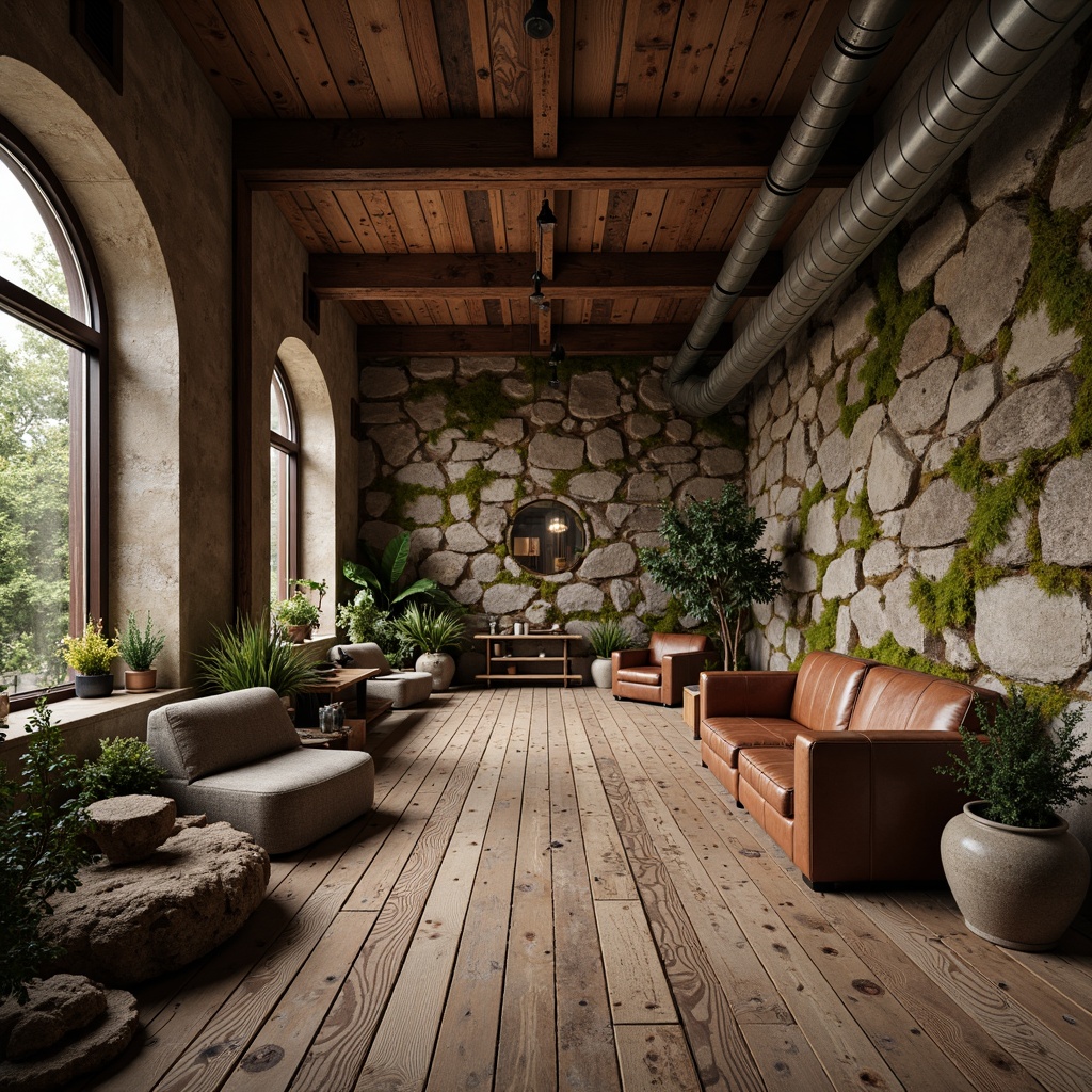 Prompt: Rustic wooden planks, distressed finishes, earthy tones, natural stone walls, rough-hewn boulders, moss-covered rocks, weathered metal accents, vintage industrial pipes, reclaimed wood furniture, worn leather upholstery, soft warm lighting, shallow depth of field, 3/4 composition, panoramic view, realistic textures, ambient occlusion.