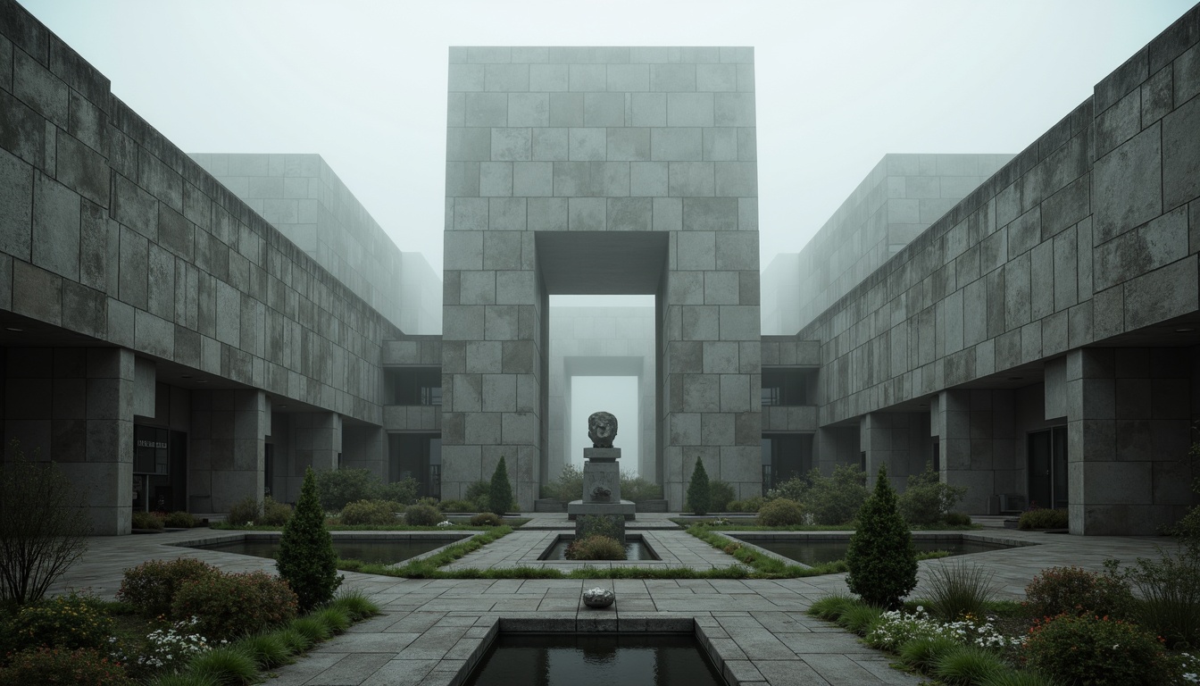 Prompt: Monumental brutalist architecture, rugged concrete textures, fortress-like structures, solemn atmosphere, commemorative plaques, abstract sculptures, geometric shapes, raw industrial materials, dramatic lighting effects, misty foggy mornings, shallow depth of field, 1/1 composition, symmetrical framing, muted color palette, weathered stone walls, overgrown vegetation, abandoned industrial landscapes, eerie silence, haunting shadows.