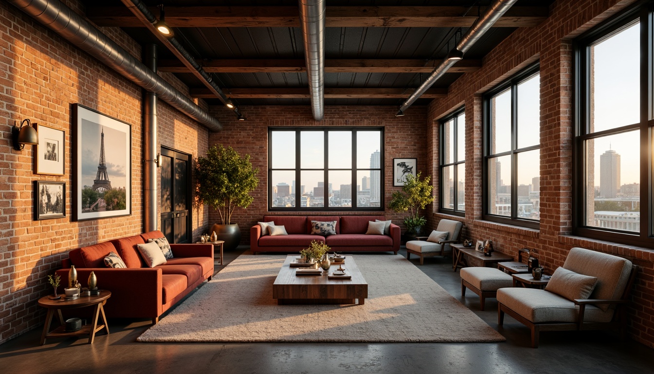 Prompt: Exposed brick walls, wooden beam ceilings, industrial metal pipes, reclaimed wood floors, vintage decorative items, soft warm lighting, cozy reading nooks, plush velvet sofas, distressed leather armchairs, eclectic art collections, floor-to-ceiling windows, cityscape views, minimalist decor, rustic-chic accents, natural textiles, earthy color palette, intimate ambiance, 1/1 composition, shallow depth of field, warm golden hour lighting, soft focus effect.