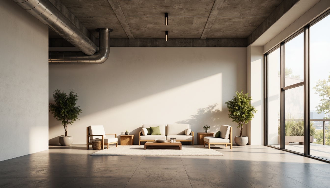 Prompt: Minimalist interior, empty space, natural light, plain walls, polished concrete floors, simple furniture, low-profile sofas, sleek coffee tables, geometric shapes, industrial materials, exposed ductwork, functional decor, calm atmosphere, soft warm lighting, shallow depth of field, 1/1 composition, realistic textures, ambient occlusion.