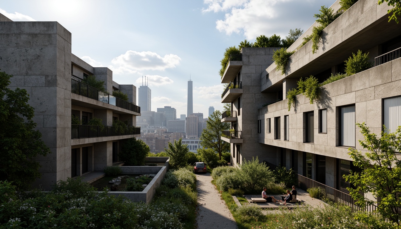 Prompt: Rugged brutalist buildings, raw concrete textures, fortress-like structures, overgrown vegetation, wildflowers, moss-covered walls, weathered steel beams, industrial materials, urban landscape integration, cityscape views, elevated walkways, cantilevered sections, dramatic shadows, harsh natural light, 1/1 composition, symmetrical framing, high-contrast colors, gritty realistic textures, ambient occlusion.