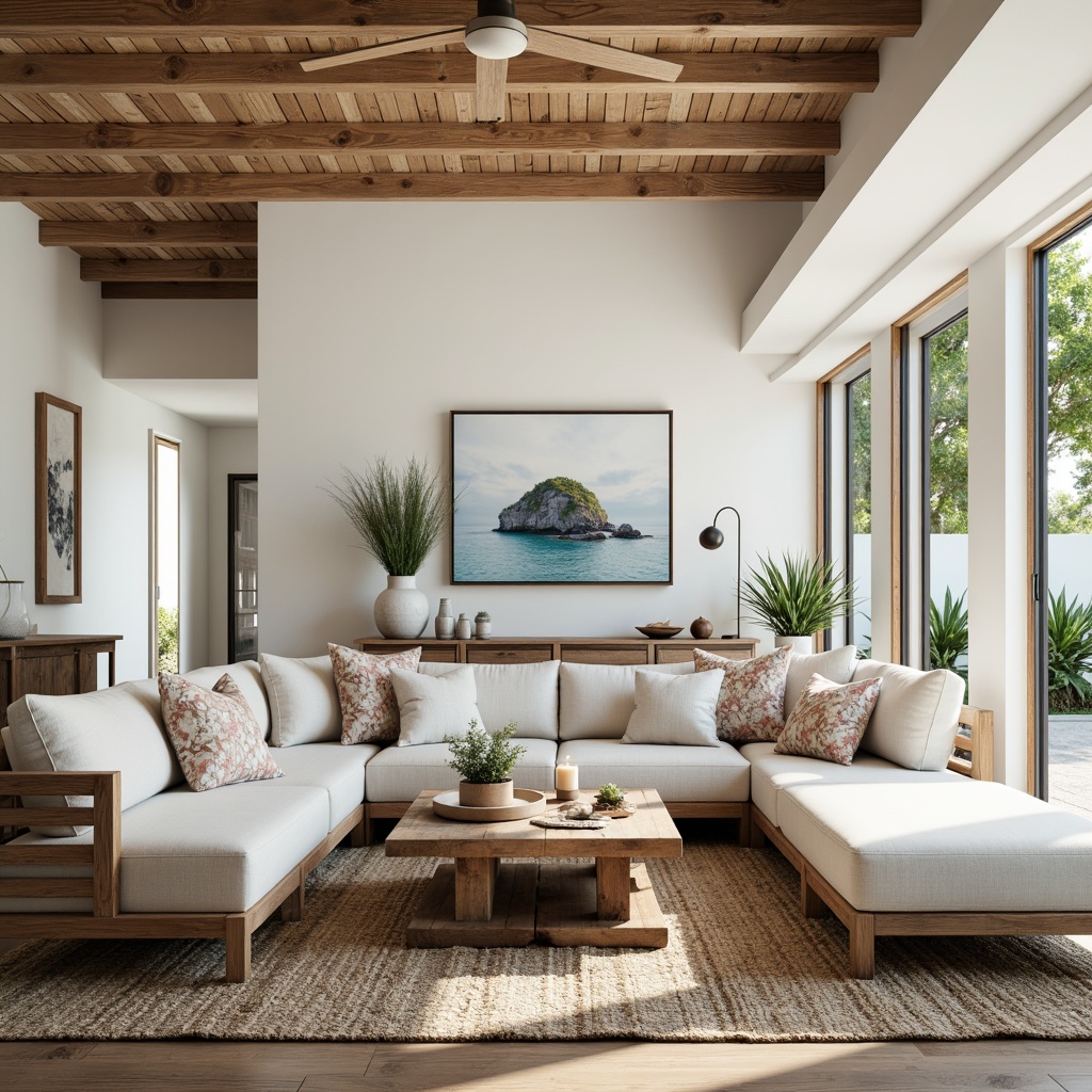 Prompt: Coastal living room, ocean-inspired color palette, driftwood accents, natural textiles, woven sea grass rugs, shell-adorned decorative pieces, floor-to-ceiling windows, sliding glass doors, beachy vibe, soft warm lighting, 1/1 composition, shallow depth of field, realistic wood textures, ambient occlusion, modern minimalist furniture, plush sectional sofas, reclaimed wood coffee tables, nautical-themed artwork, coral-patterned throw pillows, sea salt-scented candles, calming atmosphere.