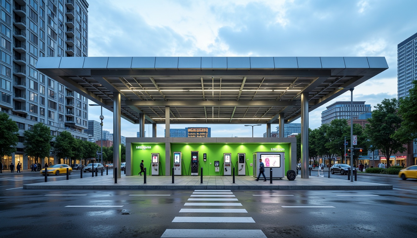 Prompt: Modern charging station, sleek metal framework, durable polycarbonate roofs, energy-efficient LED lighting, futuristic digital displays, minimalist concrete floors, stainless steel pillars, eco-friendly recycled plastic walls, vibrant green accents, urban cityscape background, busy street traffic, cloudy blue sky, shallow depth of field, 1/1 composition, realistic metallic textures, ambient occlusion.