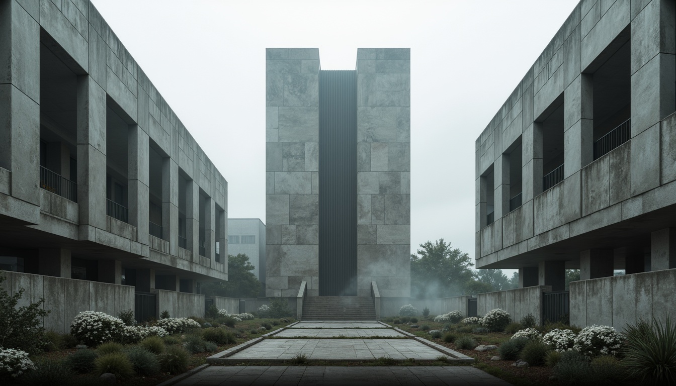 Prompt: Monumental brutalist architecture, rugged concrete textures, imposing fortress-like structures, solemn memorial spaces, abstract geometric forms, raw industrial materials, dramatic natural light, atmospheric misting effects, somber color palette, weathered stone walls, bold angular lines, minimalist landscaping, isolated urban context, overcast skies, high-contrast lighting, cinematic composition, realistic ambient occlusion.