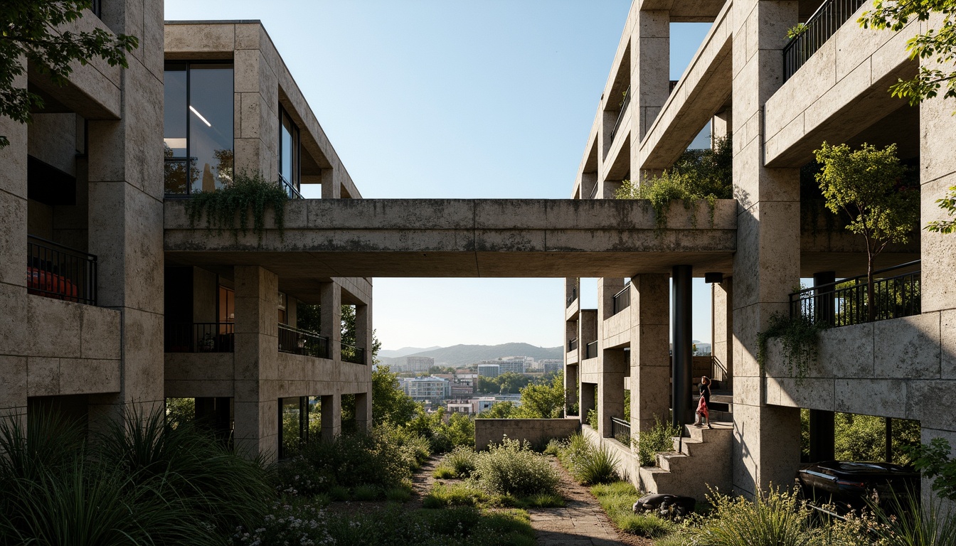 Prompt: Rugged brutalist buildings, raw concrete textures, fortress-like structures, overgrown vegetation, wildflowers, moss-covered walls, weathered steel beams, industrial materials, urban landscape integration, cityscape views, elevated walkways, cantilevered sections, dramatic shadows, harsh natural light, 1/1 composition, symmetrical framing, high-contrast lighting, gritty realistic textures, ambient occlusion.