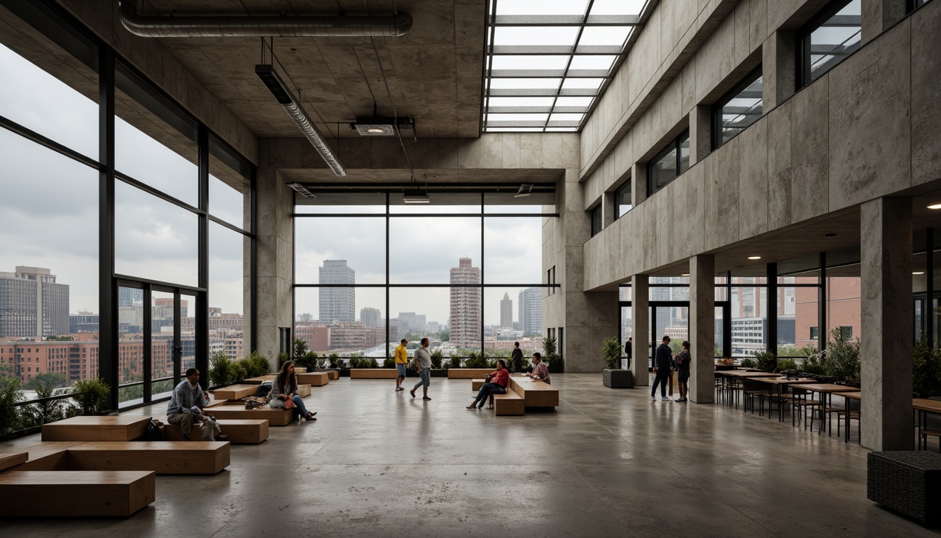 Prompt: Rugged community center, brutalist architecture, raw concrete walls, exposed ductwork, industrial metal beams, natural light pouring in, large skylights, clerestory windows, urban landscape views, gritty cityscape, overcast sky, soft diffused lighting, high contrast shadows, dramatic architectural angles, bold structural elements, minimalist interior design, functional simplicity, communal gathering spaces, reclaimed wood accents, earthy color palette, organic textures, 3/4 composition, cinematic framing, realistic render.