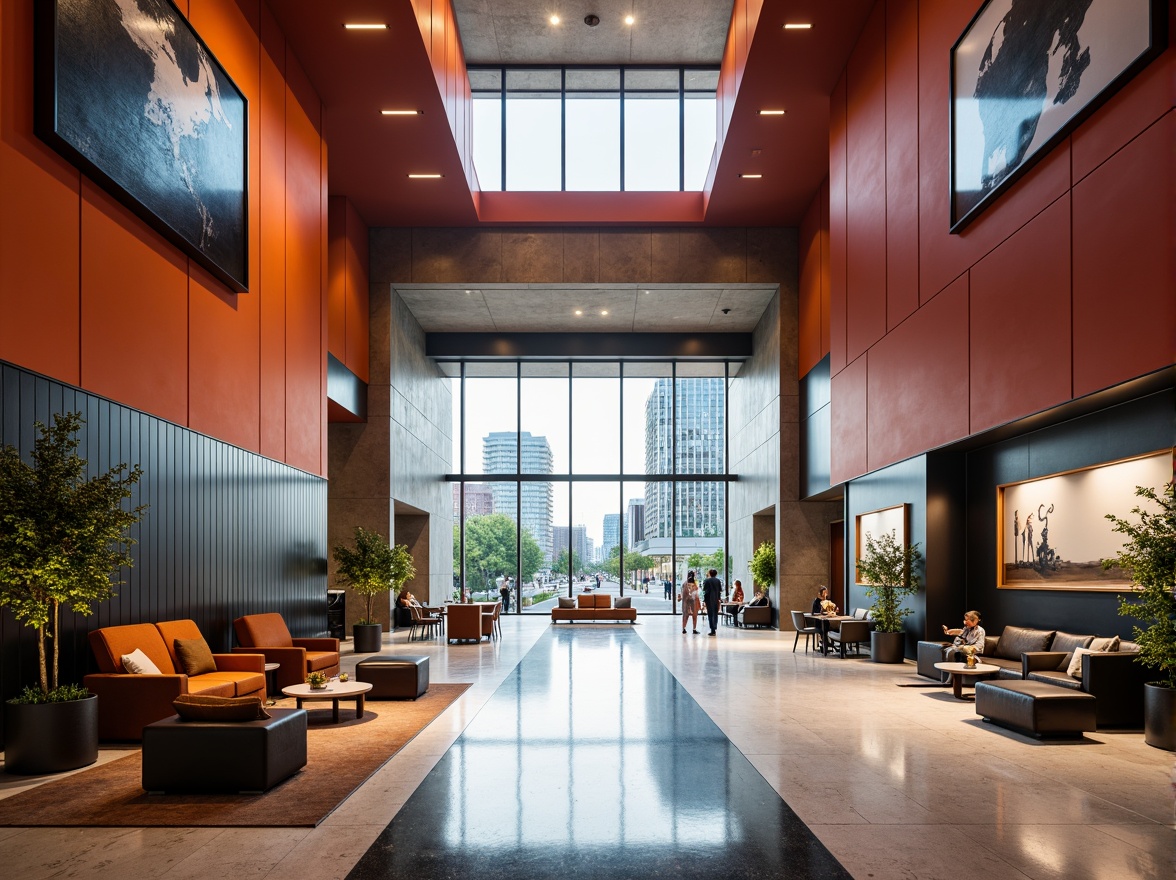 Prompt: Geometric hotel lobby, bold color blocking, industrial metal accents, minimalist furniture, sleek lines, functional decor, open floor plan, natural light pouring, urban cityscape views, abstract artwork, brutalist concrete walls, polished marble floors, warm ambient lighting, shallow depth of field, 1/1 composition, symmetrical framing, high-contrast textures, atmospheric misting.