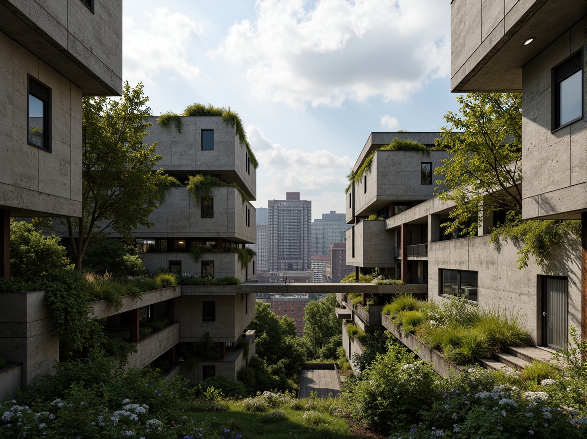 Prompt: Rugged brutalist buildings, raw concrete textures, fortress-like structures, overgrown vegetation, wildflowers, moss-covered walls, weathered steel beams, industrial materials, urban landscape integration, cityscape views, elevated walkways, cantilevered sections, dramatic shadows, harsh natural light, 1/1 composition, symmetrical framing, high-contrast colors, gritty realistic textures, ambient occlusion.