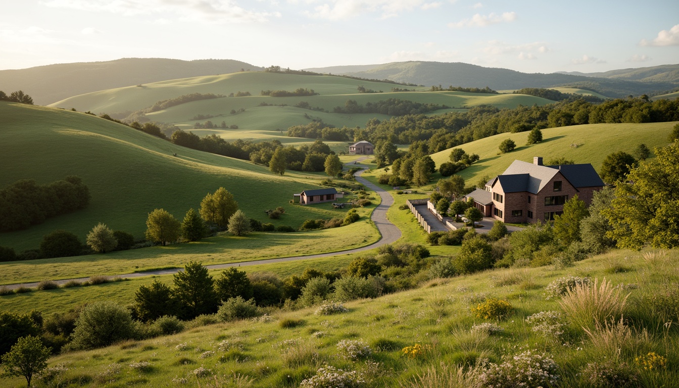 Prompt: Rolling hills, lush green pastures, rustic farmhouses, wooden fences, winding country roads, rural landscapes, traditional architectural styles, pitched roofs, brick chimneys, natural stone walls, earthy color palette, warm soft lighting, shallow depth of field, 1/1 composition, serene atmosphere, realistic textures, ambient occlusion, integration with nature, eco-friendly materials, sustainable design principles, minimal environmental impact.