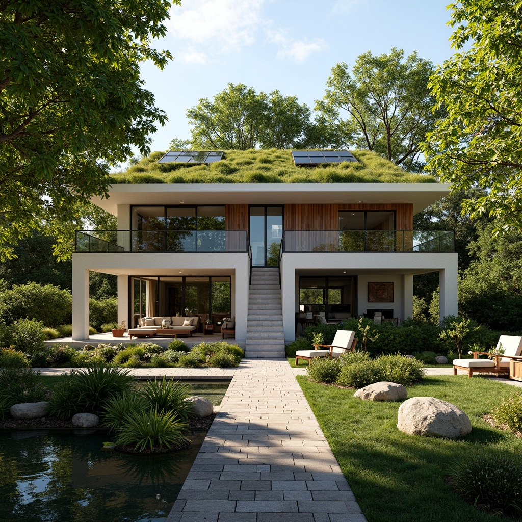 Prompt: Eco-friendly villa, lush green roofs, solar panels, rainwater harvesting systems, natural stone walls, reclaimed wood accents, large windows, sliding glass doors, minimalist interior design, energy-efficient appliances, organic gardens, native plant species, serene water features, meandering pathways, shaded outdoor spaces, warm ambient lighting, soft natural textures, 1/1 composition, realistic rendering, atmospheric perspective.