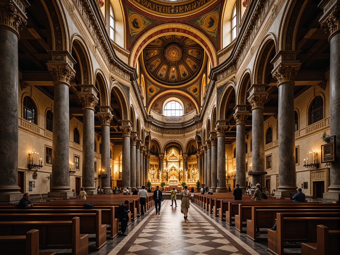 Prompt: Majestic Byzantine church, ornate columns, intricately carved capitals, golden mosaics, vaulted ceilings, grand arches, marble floors, ornamental frescoes, sacred icons, mystical ambiance, soft warm lighting, shallow depth of field, 3/4 composition, panoramic view, realistic textures, ambient occlusion.