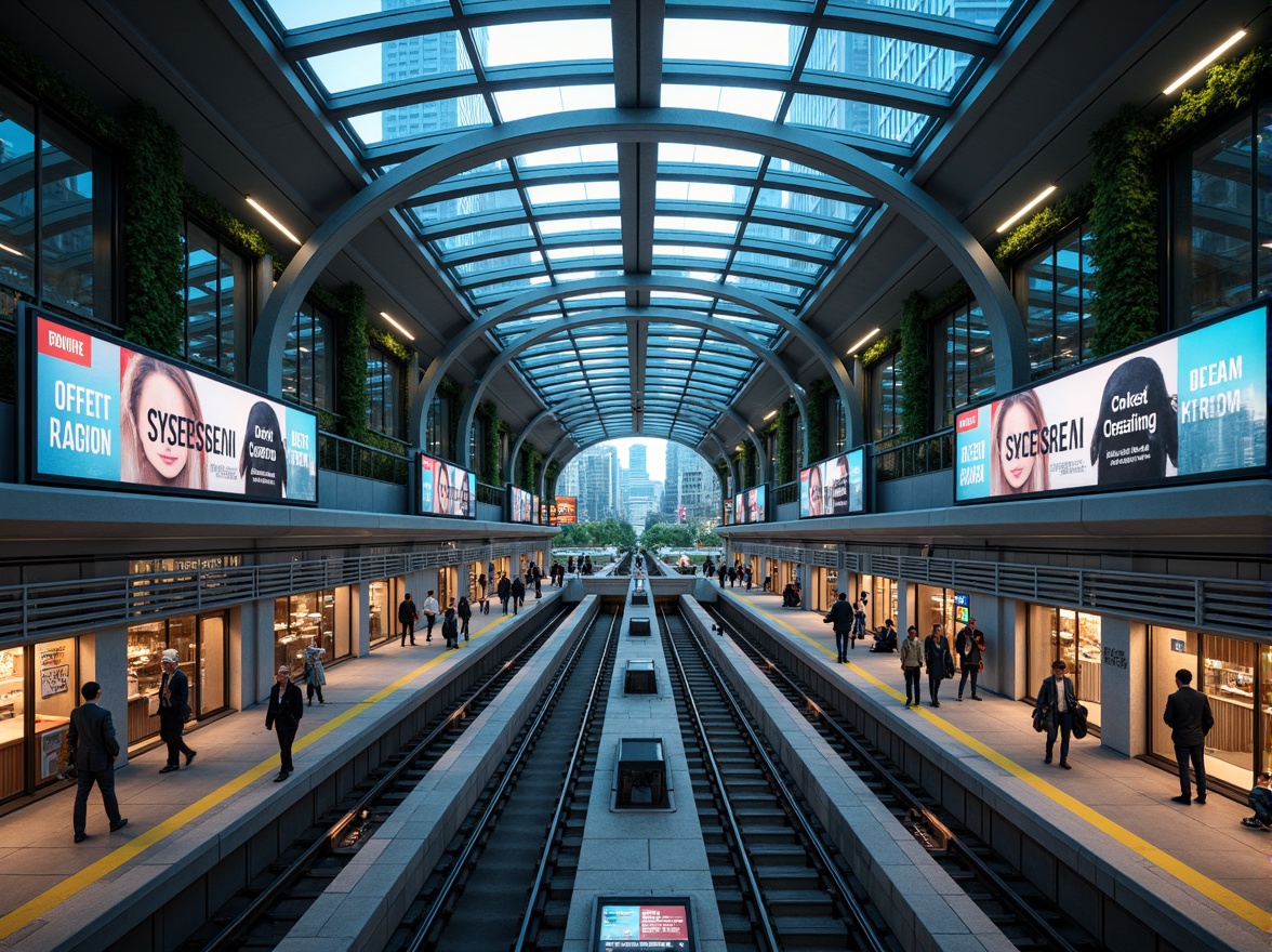 Prompt: Futuristic metro station, sleek metallic fa\u00e7ade, neon-lit signage, holographic advertisements, elevated walkways, transparent glass roofs, spacious interior platforms, advanced ticketing systems, high-speed trains, modern urban planning, integrated public transportation hub, bustling cityscape, towering skyscrapers, vibrant LED lighting, dynamic pedestrian flow, efficient crowd management, sustainable energy harvesting, green walls, futuristic architecture, 3/4 composition, shallow depth of field, panoramic view, realistic textures, ambient occlusion.