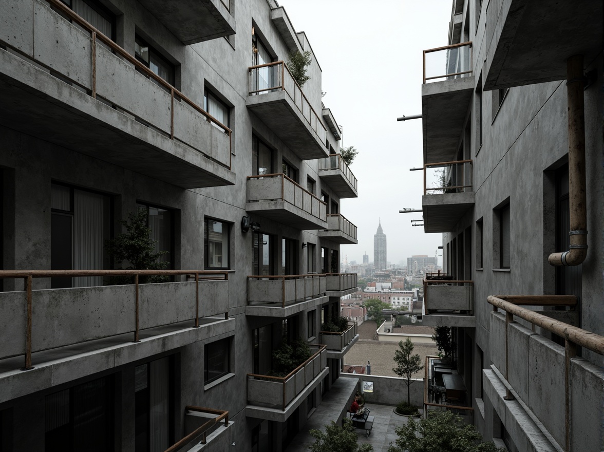 Prompt: Exposed concrete walls, rugged textures, industrial pipes, raw steel beams, minimalist balconies, brutalist architecture, urban cityscape, gloomy overcast sky, dramatic shadows, high-contrast lighting, bold geometric forms, functional simplicity, distressed finishes, poured-in-place concrete, cold monochromatic color palette, 1/1 composition, low-angle shot, cinematic atmosphere, gritty realistic textures.