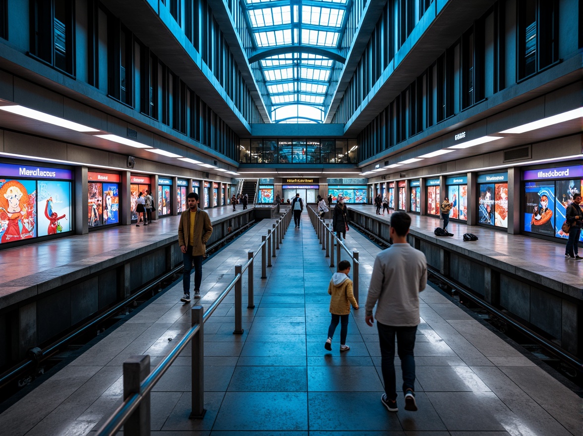 Prompt: Modern metro station, sleek architecture, futuristic design, LED light installations, dynamic color schemes, ambient occlusion, soft warm lighting, shallow depth of field, 3/4 composition, panoramic view, realistic textures, urban cityscape, bustling atmosphere, rush hour crowds, concrete platforms, stainless steel handrails, glass ceilings, intricate tile work, vibrant neon signs, abstract geometric patterns, high-contrast lighting, dramatic shadows, cinematic mood.