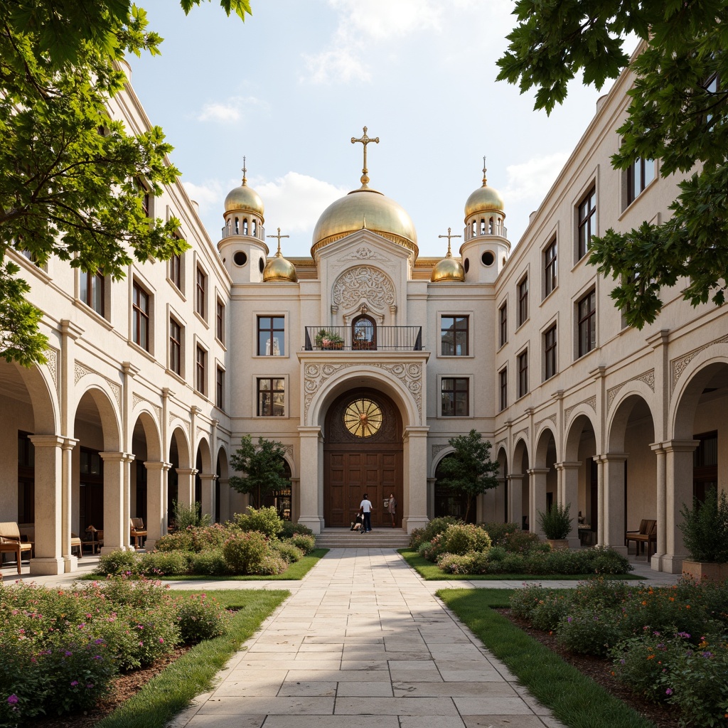 Prompt: Grand monastery entrance, symmetrical facade, neoclassical columns, ornate carvings, golden domes, intricate stone patterns, serene courtyard, lush greenery, vibrant flowers, peaceful ambiance, soft natural lighting, shallow depth of field, 1/1 composition, central axis symmetry, harmonious proportions, elegant archways, refined stucco walls, subtle color palette, warm beige tones, ornate metalwork, devotional statues, mystical atmosphere, morning mist, gentle sunlight.