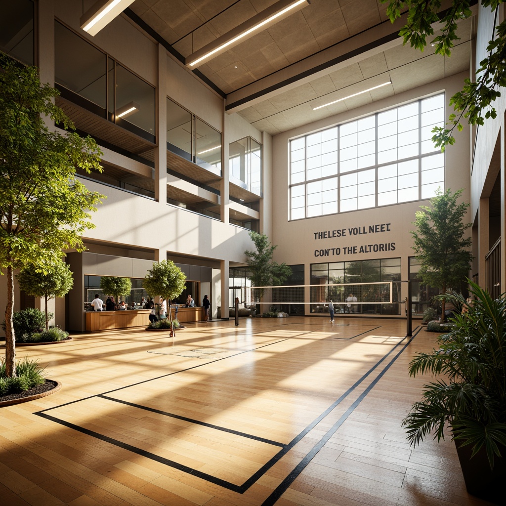 Prompt: Spacious gymnasium interior, high ceilings, natural light pouring in, polished wooden floors, basketball courts, volleyball nets, athletic tracks, exercise equipment, mirrored walls, motivational quotes, modern architectural design, sleek lines, minimalist decor, abundant greenery, tropical plants, warm color scheme, soft diffused lighting, shallow depth of field, 1/1 composition, realistic textures, ambient occlusion.