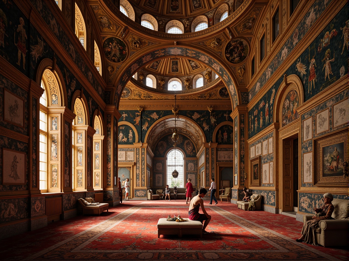 Prompt: Richly ornate Byzantine architecture, golden domes, intricate mosaics, warm earthy tones, terracotta reds, burnt oranges, deep blues, emerald greens, luxurious velvets, ornate patterns, gilded accents, lavish textures, dramatic lighting, high contrast, 1/2 composition, atmospheric perspective, realistic reflections, ambient occlusion.