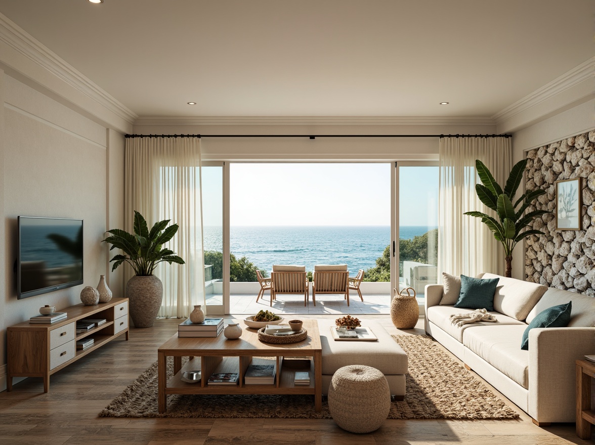 Prompt: Coastal living room, ocean-inspired color palette, driftwood accents, natural textiles, woven sea grass furniture, coral-patterned rugs, shell-adorned decorative walls, floor-to-ceiling windows, sliding glass doors, panoramic ocean views, soft warm lighting, beachy ambiance, minimalist decor, nautical-themed accessories, distressed wood flooring, plush sectional sofas, built-in shelving units, tropical plants, calming atmosphere, 1/1 composition, realistic reflections, ambient occlusion.