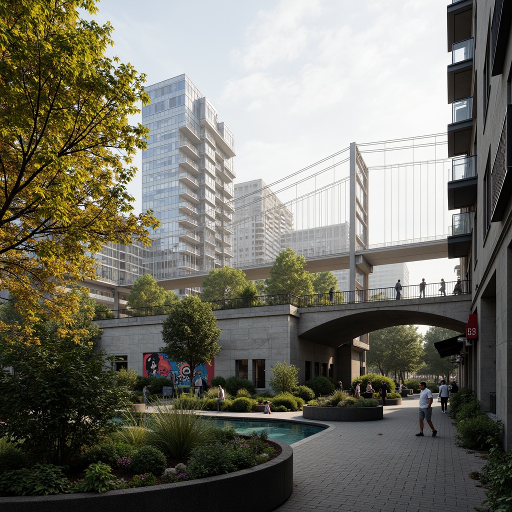 Prompt: Curved bridge silhouette, lush greenery integration, natural stone foundations, steel arches, suspension cables, urban cityscape, misty morning atmosphere, soft warm lighting, shallow depth of field, 3/4 composition, panoramic view, realistic textures, ambient occlusion, fusion architecture style, modern minimalist design, sleek metal railings, glass pedestrian walkways, vibrant colorful street art, intricate geometric patterns, water features, reflection pools, urban furniture, dynamic city life.