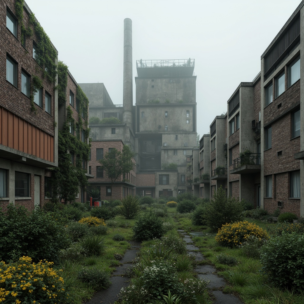 Prompt: Rugged brutalist architecture, raw concrete textures, fortress-like structures, overgrown vegetation, wildflowers, moss-covered walls, industrial landscapes, abandoned factories, crumbling brick facades, distressed metal accents, urban decay, post-apocalyptic atmosphere, dramatic lighting, low-angle shots, cinematic composition, gritty realistic renderings, atmospheric fog effects, misty mornings, eerie silence.