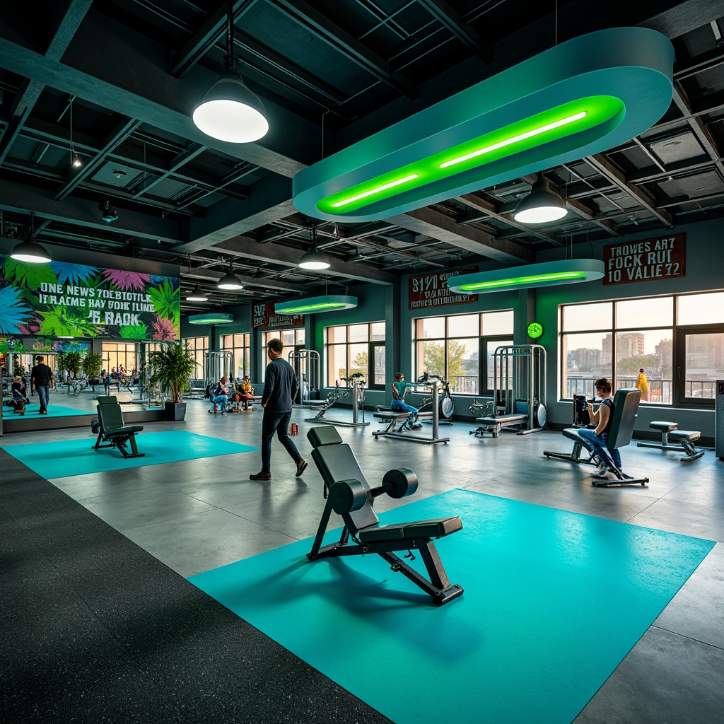 Prompt: Vibrant gym interior, bold color scheme, energetic atmosphere, neon green accents, deep blue tones, metallic silver equipment, industrial concrete floors, exposed ductwork ceilings, modern LED lighting, dynamic shadows, high-contrast textures, abstract geometric patterns, motivational quotes, futuristic architecture, sleek lines, minimalist design, state-of-the-art fitness machines, free weights area, mirrored walls, rubber flooring, athletic tracks, panoramic windows, natural daylight, soft warm glow, shallow depth of field, 3/4 composition.