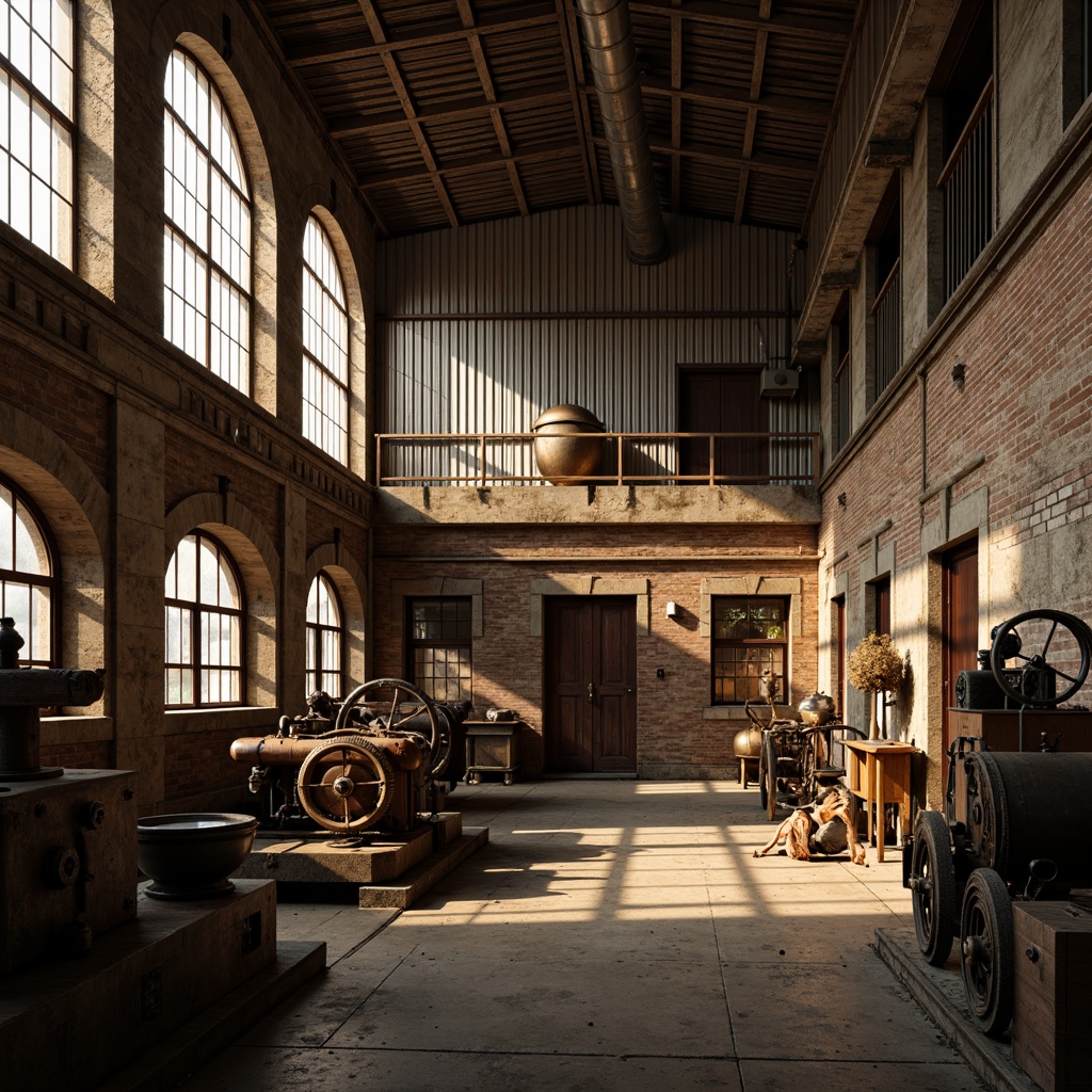 Prompt: Rustic industrial factory, Romanesque fa\u00e7ade, arched windows, ornate stone carvings, distressed brick walls, metal cladding, corrugated roofing, vintage machinery, exposed ductwork, reclaimed wood accents, earthy color palette, warm golden lighting, dramatic shadows, 1/2 composition, low-angle shot, cinematic atmosphere, realistic weathering effects.