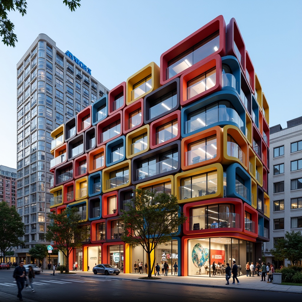 Prompt: Vibrant school building, undulating facade, irregular shapes, bold color blocking, dynamic patterns, expressive textures, abstract murals, oversized windows, cantilevered roofs, playful staircases, winding corridors, futuristic lighting fixtures, neon accents, urban cityscape, morning sunlight, shallow depth of field, 1/1 composition, wide-angle lens, high-contrast rendering, stylized reflections.