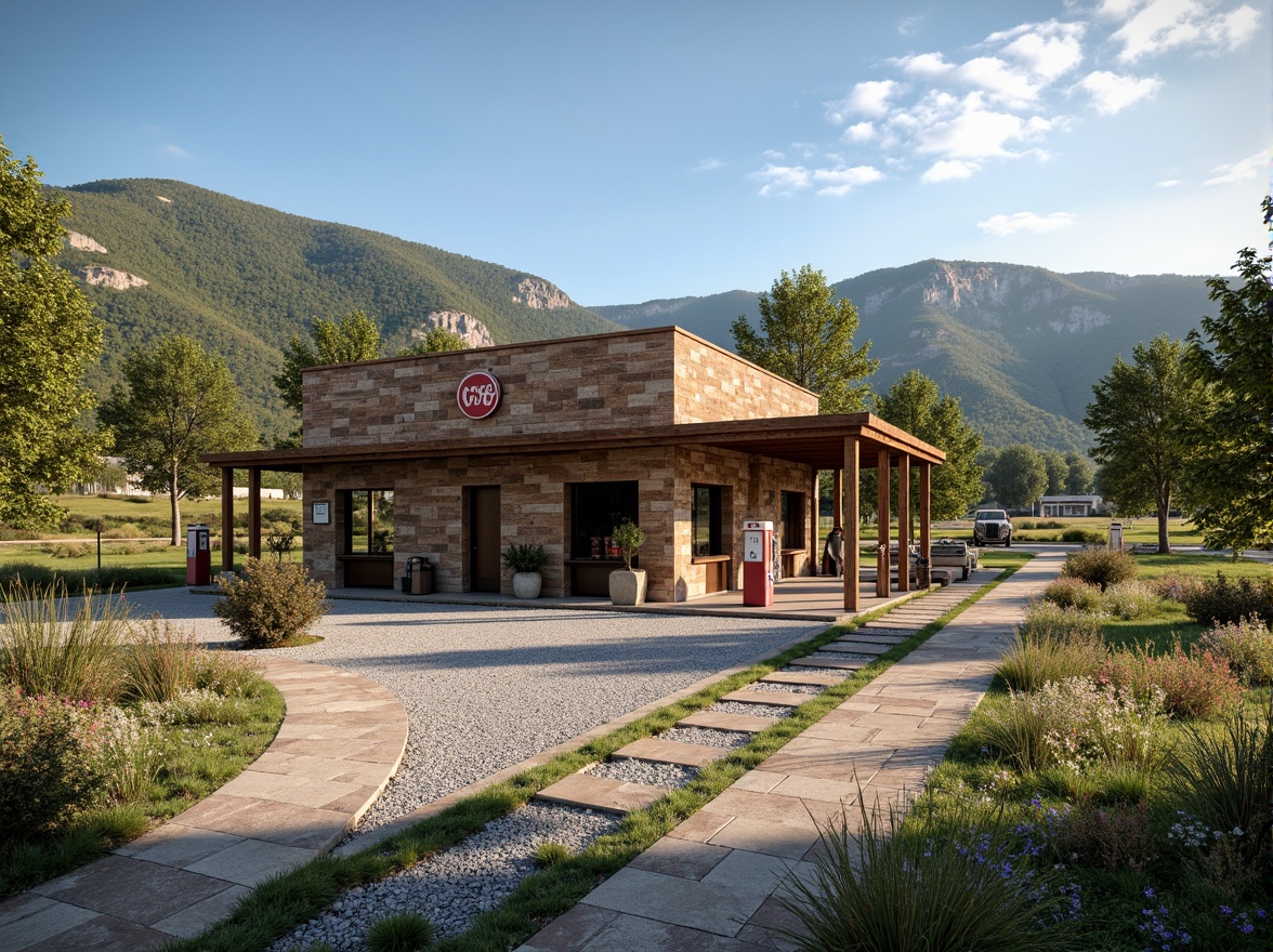 Prompt: Rustic gas station, regionalism style, earthy tones, natural stone walls, wooden accents, vintage fuel pumps, retro signage, lush greenery, native plants, wildflowers, meandering walkways, gravel driveways, rural landscape, rolling hills, blue skies, warm sunlight, soft shadows, 1/2 composition, shallow depth of field, realistic textures, ambient occlusion.