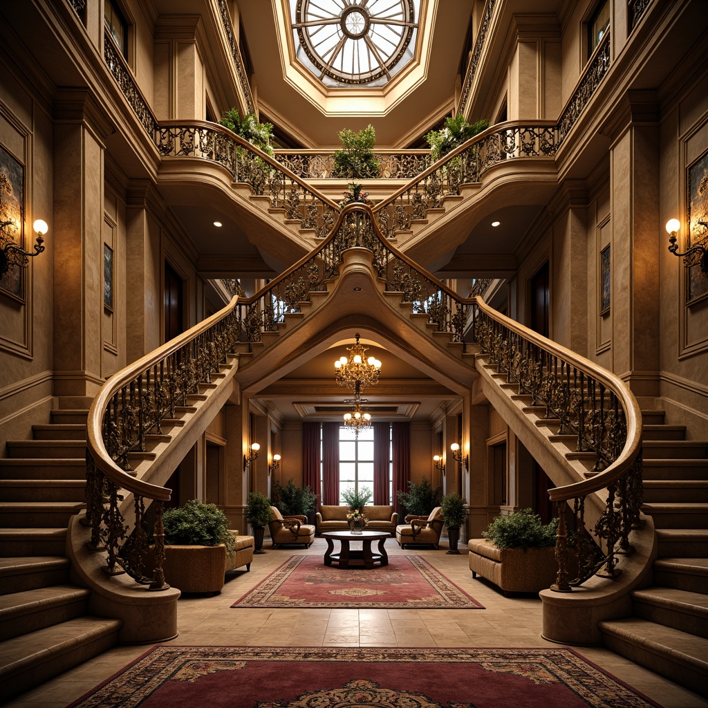 Prompt: Ornate balustrades, grandiose staircases, intricately carved stone railings, gilded metal banisters, ornamental scrollwork, lavish decorations, opulent furnishings, richly patterned rugs, majestic chandeliers, dramatic lighting effects, warm golden tones, highly detailed textures, shallow depth of field, 1/1 composition, realistic rendering.