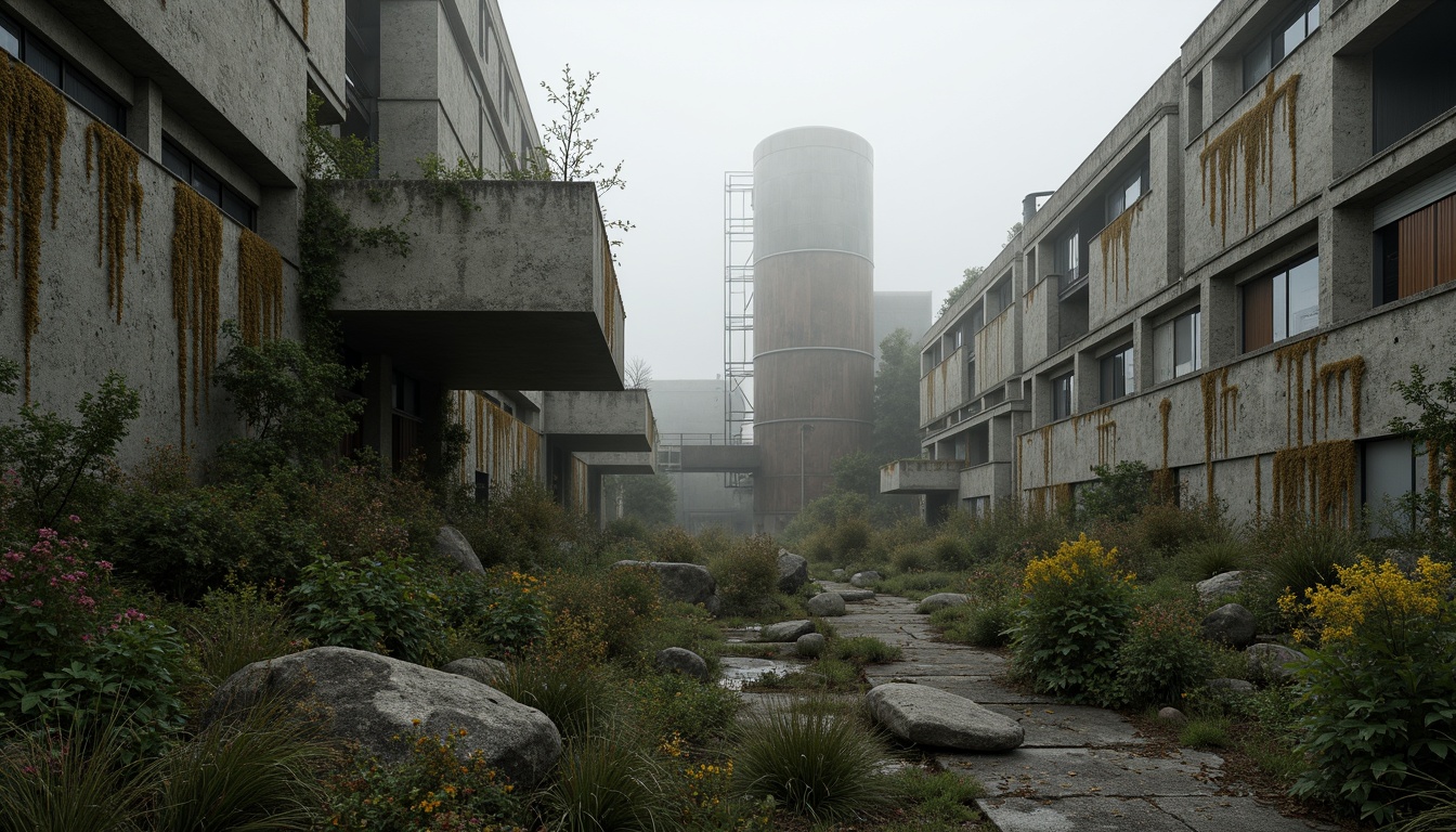 Prompt: Rugged brutalist architecture, raw concrete textures, fortress-like structures, overgrown vegetation, wildflowers, moss-covered walls, industrial landscapes, abandoned factories, rusty machinery, distressed metal accents, urban decay, gritty atmosphere, dramatic lighting, high contrast shadows, cinematic composition, atmospheric fog, misty mornings, eerie silence, desolate surroundings, fragmented rocks, weathered wood, reclaimed materials, post-apocalyptic ambiance.