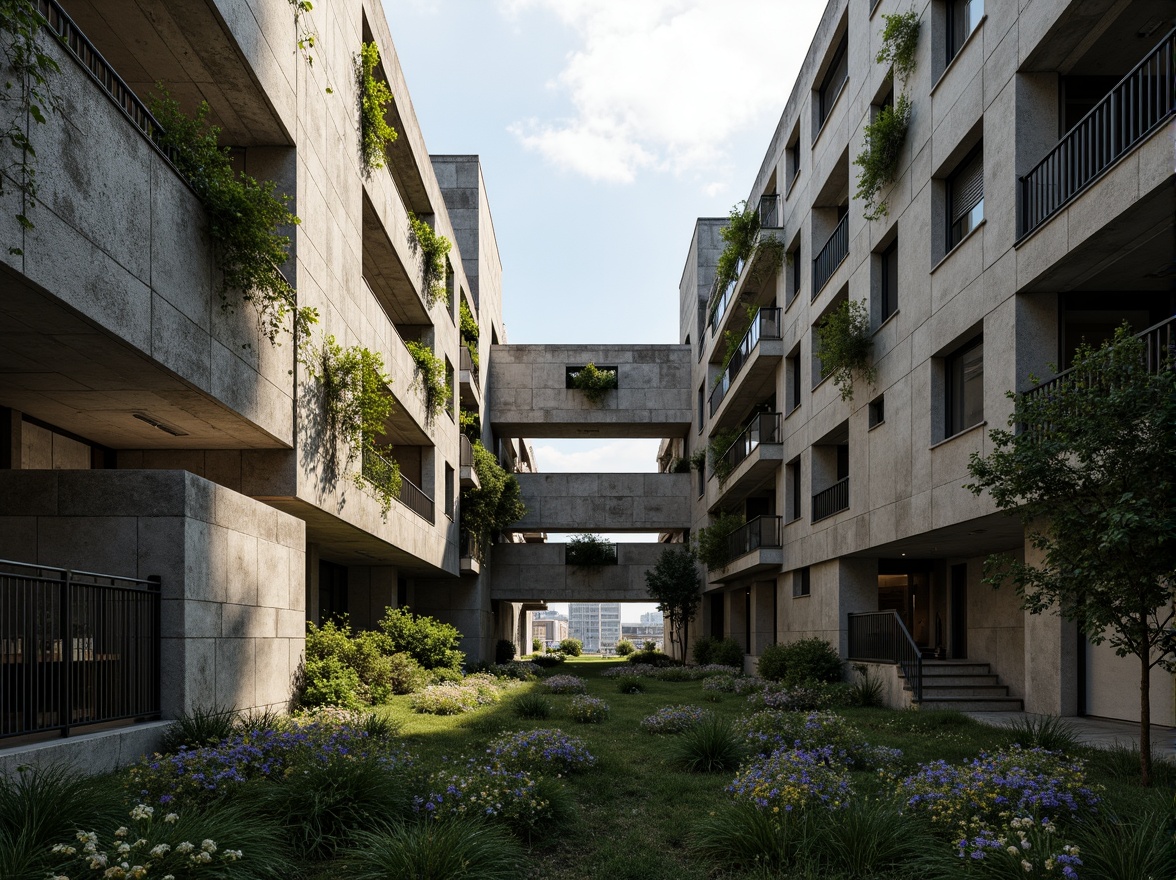 Prompt: Rugged brutalist buildings, raw concrete textures, fortress-like structures, overgrown vegetation, wildflowers, moss-covered walls, weathered steel beams, industrial materials, urban landscape integration, cityscape views, elevated walkways, cantilevered sections, dramatic shadows, harsh natural light, 1/1 composition, symmetrical framing, high-contrast lighting, gritty realistic textures, ambient occlusion.