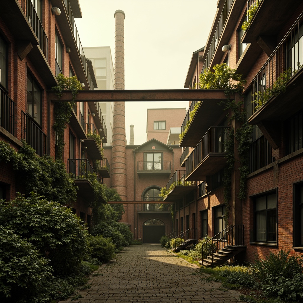 Prompt: Industrial factory buildings, Gothic architectural details, overgrown vegetation, crumbling brick walls, rusty metal beams, ivy-covered chimneys, abandoned machinery, foggy atmosphere, warm golden lighting, shallow depth of field, 1/2 composition, symmetrical framing, realistic textures, ambient occlusion.