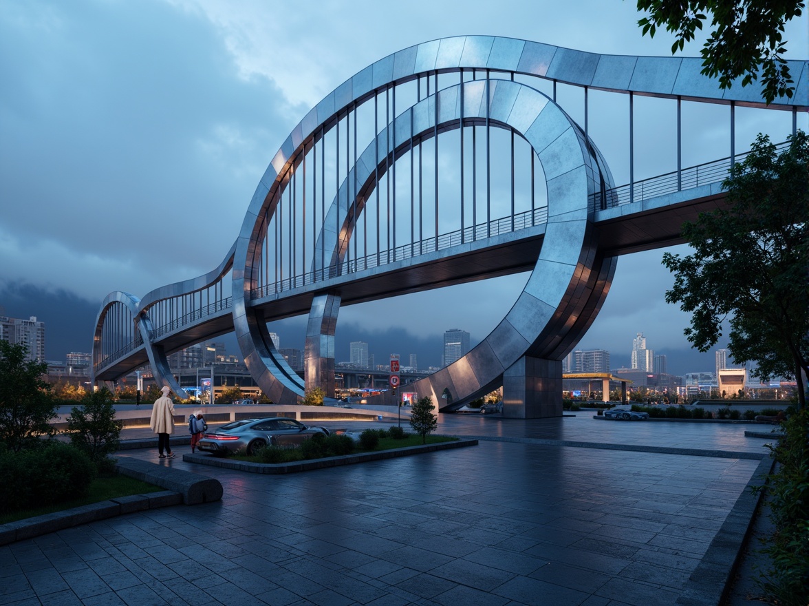 Prompt: Futuristic bridge design, metallic structures, iridescent materials, reflective surfaces, neon-lit accents, glowing lines, sleek curves, minimalist railings, modern urban landscape, cityscape at dusk, vibrant nightlife, misty atmosphere, shallow depth of field, 3/4 composition, panoramic view, realistic textures, ambient occlusion.