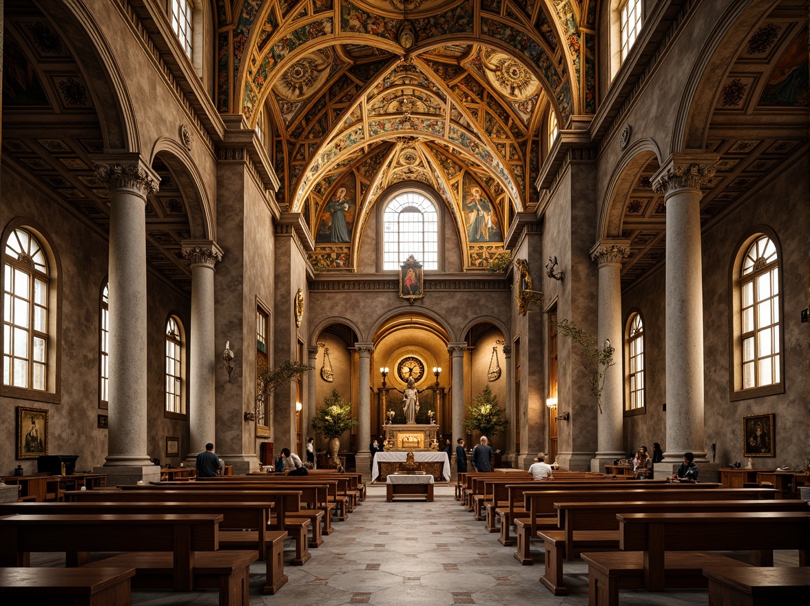 Prompt: Majestic Byzantine church, ornate columns, intricately carved capitals, golden mosaics, vaulted ceilings, grand arches, marble floors, ornamental frescoes, sacred icons, mystical ambiance, soft warm lighting, shallow depth of field, 3/4 composition, panoramic view, realistic textures, ambient occlusion.