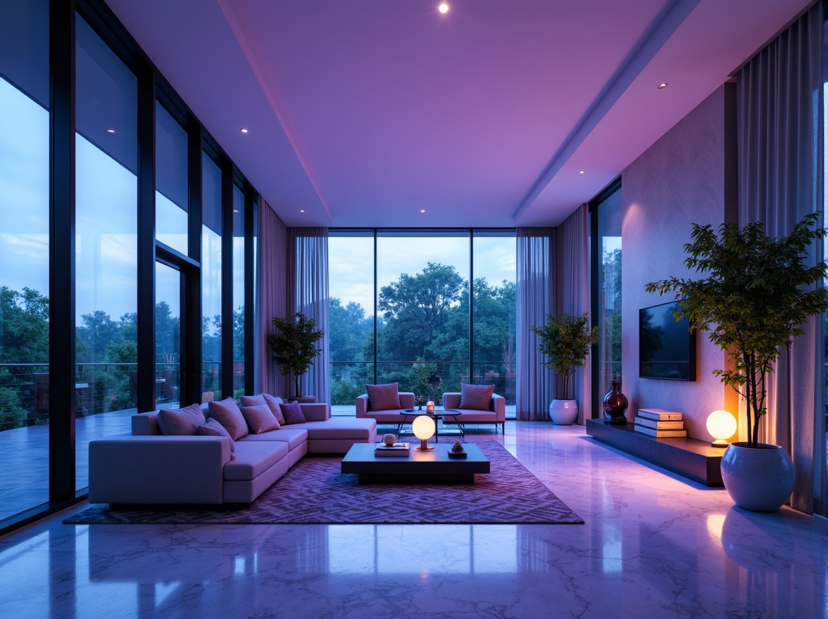 Prompt: Calming atmosphere, soothing blue hues, rich violet accents, modern interior design, spacious open-plan living area, sleek minimalist furniture, polished marble floors, geometric patterned rugs, floor-to-ceiling windows, abundant natural light, subtle gradient effects, soft warm lighting, 1/1 composition, shallow depth of field, realistic textures, ambient occlusion.