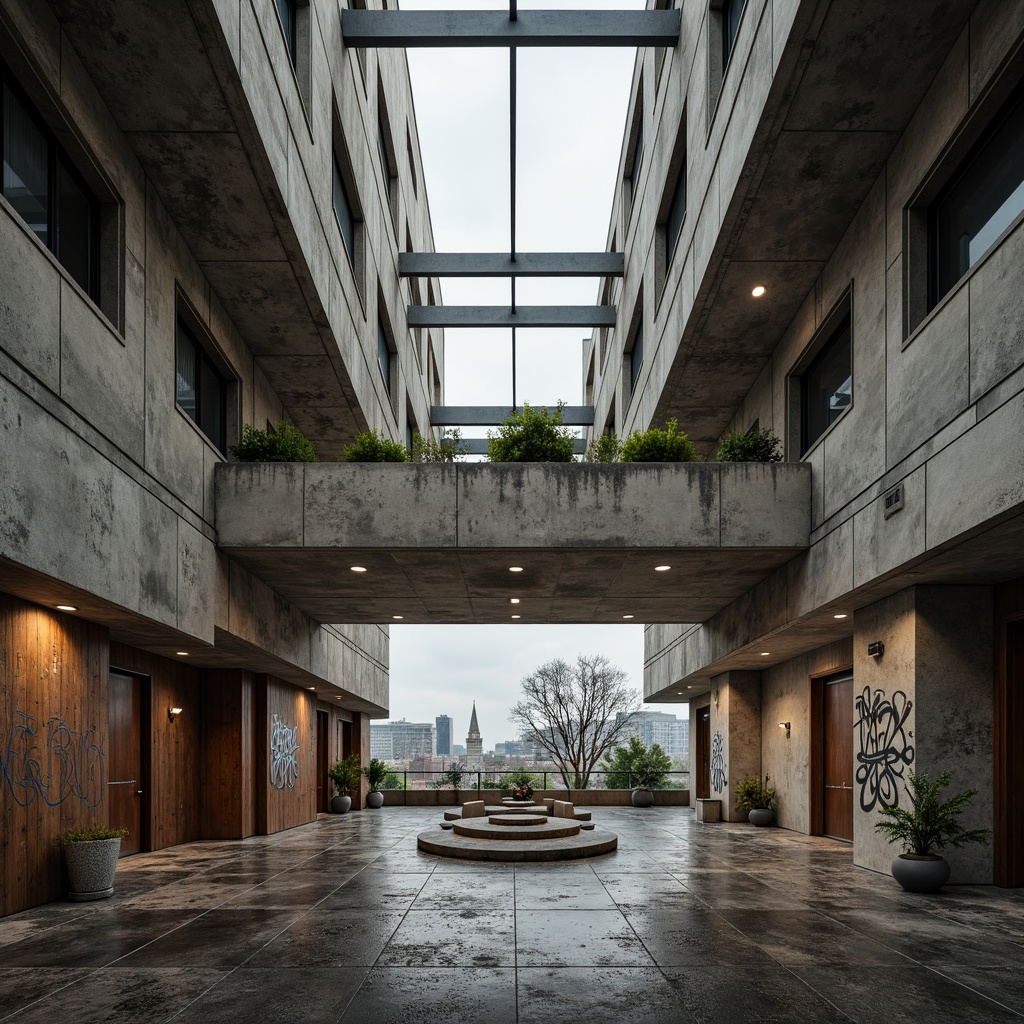 Prompt: Rugged community center, brutalist architecture, raw concrete walls, exposed ductwork, industrial metal beams, natural light pouring in, large skylights, clerestory windows, urban landscape views, gritty cityscape, overcast sky, soft diffused lighting, high contrast shadows, dramatic architectural forms, bold geometric shapes, functional minimalism, communal gathering spaces, reclaimed wood accents, weathered steel features, abstract graffiti art, moody atmospheric tones, cinematic composition, realistic textures, ambient occlusion.